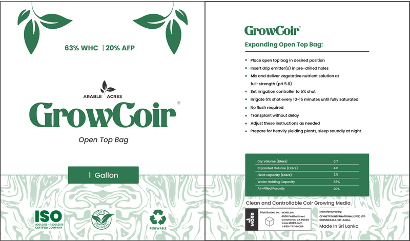 Arable Acres GrowCoir Prefilled Open Top Bags - Triple Washed Coconut Coir - 63% WHC / 20% AFP - Discount Indoor Gardening